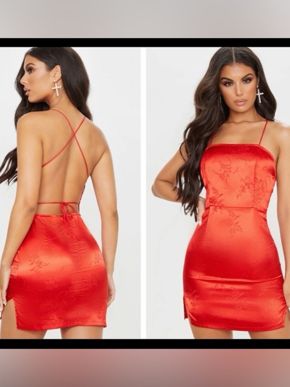 PrettyLittleThing Red Satin Floral Jacquard Backless Mini Dress